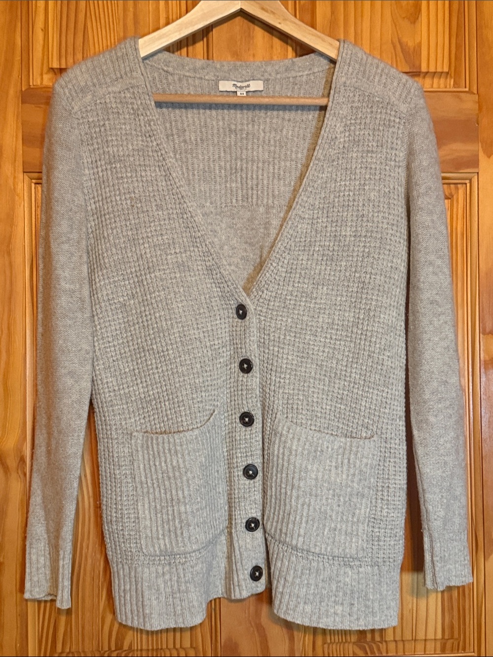 Madewell Light Gray Merino Wool Knit Button-Front Cardigan Sweater